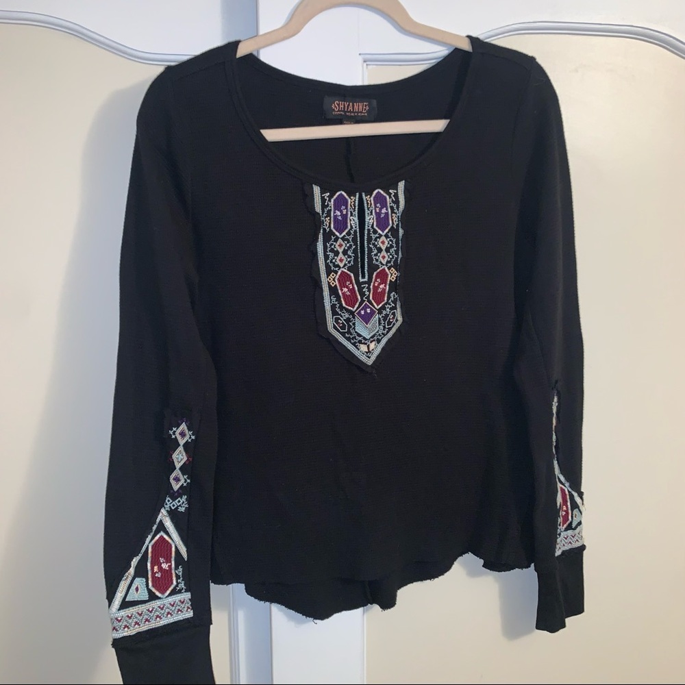 Shyanne Embroidered Black 100% Cotton Raw Hem Thermal Shirt